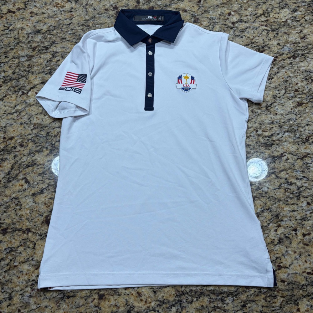 RLX Ralph Lauren Mens 2018 Ryder Cup USA Team Golf Polo Shirt White Navy S ws